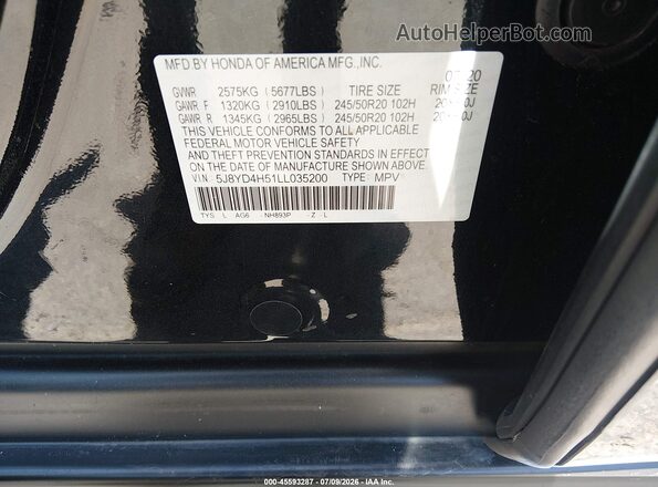 5J8YD4H51LL035200 2020 ACURA MDX Black Engine compartment view