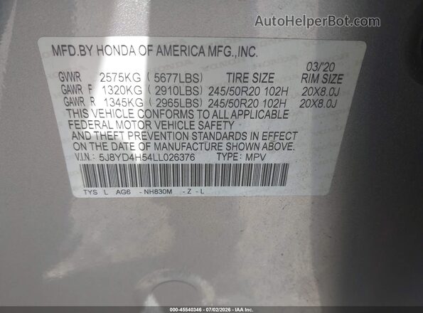5J8YD4H54LL026376 2020 ACURA MDX Gray Engine compartment view