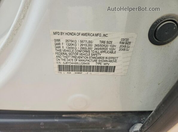 5J8YD4H55LL026435 2020 ACURA MDX White Widok wnętrza 360 stopni