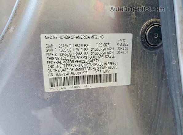 5J8YD4H59JL006573 2018 ACURA MDX Gray Вид наклейки з VIN-кодом