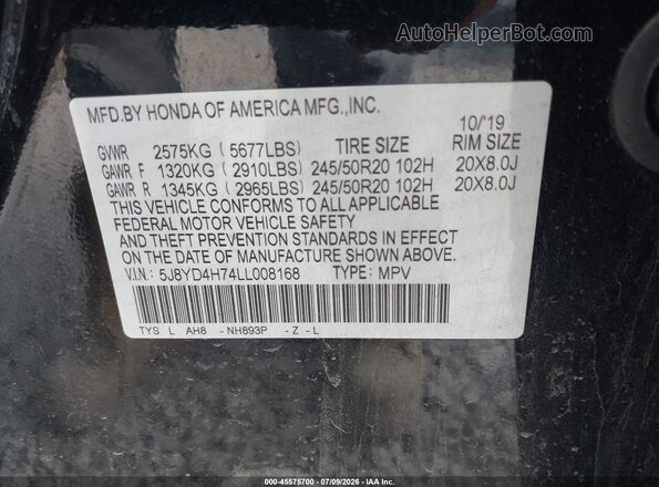 5J8YD4H74LL008168 2020 ACURA MDX Black Engine compartment view