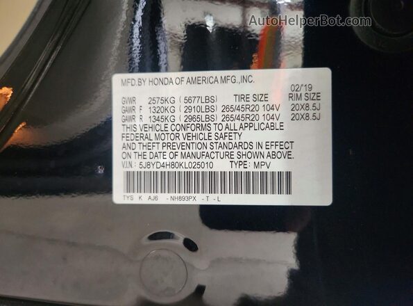 5J8YD4H80KL025010 2019 ACURA MDX Black VIN կոդի պիտակի տեսք
