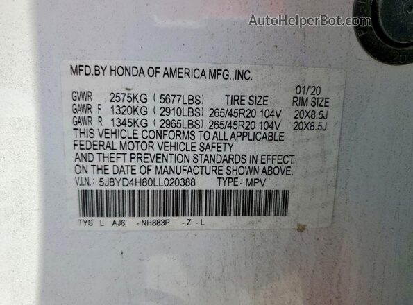 5J8YD4H80LL020388 2020 ACURA MDX White VIN კოდის სტიკერის ხედი