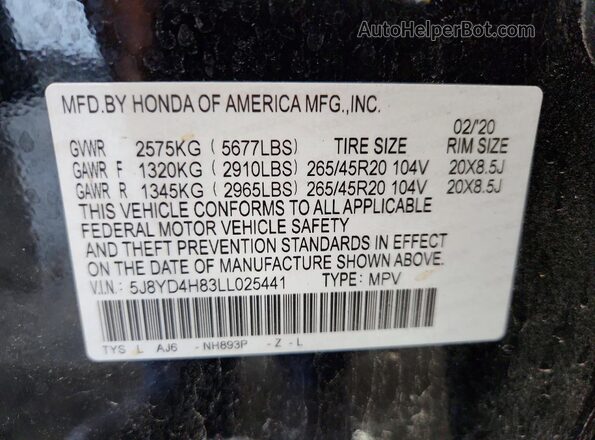 5J8YD4H83LL025441 2020 ACURA MDX Черный Панорамный вид салона 360°