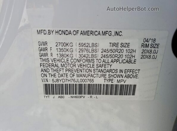 5J8YD7H76JL000765 2018 ACURA MDX Белый Вид наклейки с VIN-кодом
