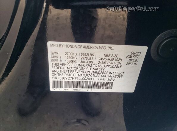 5J8YD7H76LL002003 2020 ACURA MDX Black VIN sticker view