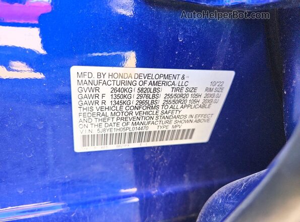 5J8YE1H05PL014470 2023 ACURA MDX Blue Vista de la etiqueta del VIN