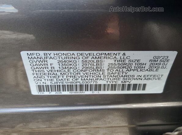 5J8YE1H80PL030775 2023 ACURA MDX Gray Widok naklejki z numerem VIN