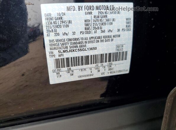 5LM5J0XC5SGL13650 2025 LINCOLN AVIATOR Black VIN կոդի պիտակի տեսք