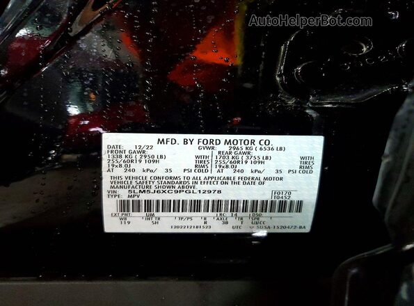 5LM5J6XC9PGL12978 2023 LINCOLN AVIATOR Black Vista de la etiqueta del VIN