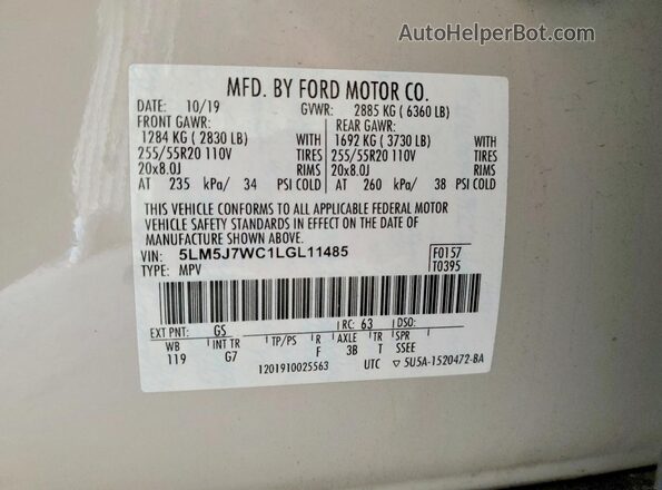 5LM5J7WC1LGL11485 2020 LINCOLN AVIATOR Beige VIN კოდის სტიკერის ხედი