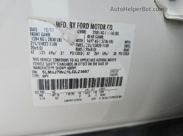 5LM5J7WC1LGL23667 2020 LINCOLN AVIATOR White Vista de la etiqueta del VIN