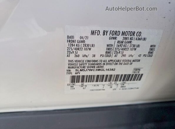 5LM5J7WC3MGL16382 2021 LINCOLN AVIATOR White Widok naklejki z numerem VIN