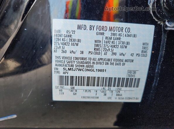 5LM5J7WC3NGL19851 2022 LINCOLN AVIATOR Black VIN sticker view