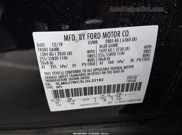 5LM5J7WC5LGL22182 2020 LINCOLN AVIATOR Black ძრავის განყოფილების ხედი