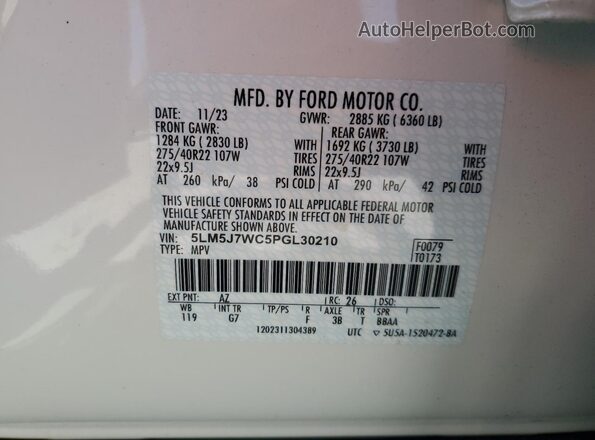 5LM5J7WC5PGL30210 2023 LINCOLN AVIATOR White VIN sticker view