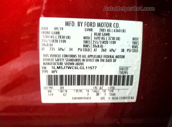 5LM5J7WC6LGL11577 2020 LINCOLN AVIATOR Красный Панорамный вид салона 360°