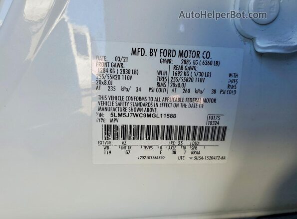 5LM5J7WC9MGL11588 2021 LINCOLN AVIATOR White VIN կոդի պիտակի տեսք