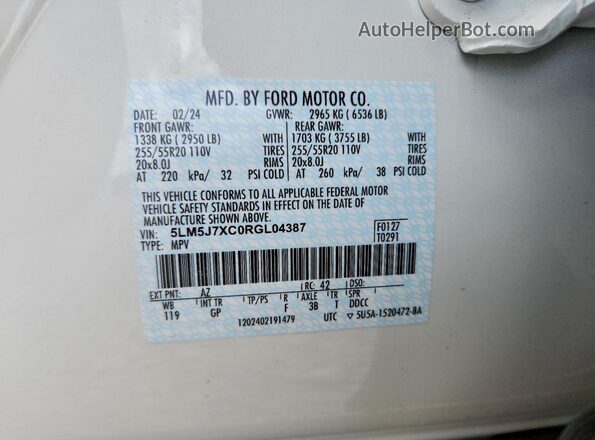 5LM5J7XC0RGL04387 2024 LINCOLN AVIATOR White VIN sticker view