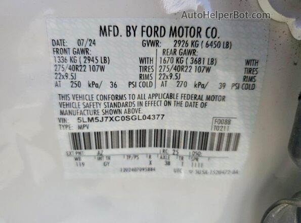 5LM5J7XC0SGL04377 2025 LINCOLN AVIATOR White VIN կոդի պիտակի տեսք