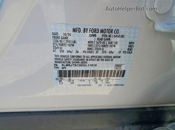 5LM5J7XC0SGL11815 2025 LINCOLN AVIATOR White Вид наклейки з VIN-кодом
