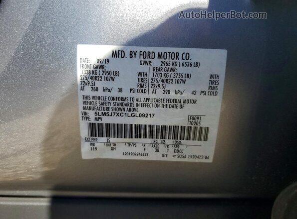 5LM5J7XC1LGL09217 2020 LINCOLN AVIATOR Silver VIN კოდის სტიკერის ხედი