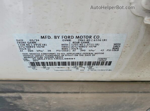 5LM5J7XC1RGL08691 2024 LINCOLN AVIATOR White VIN կոդի պիտակի տեսք