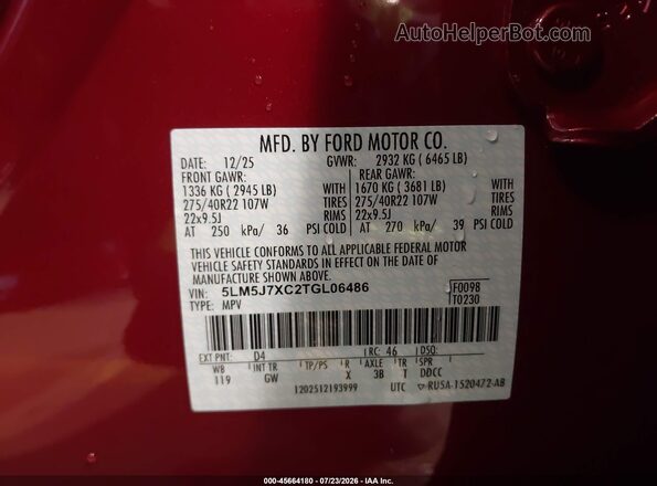 5LM5J7XC2TGL06486 2026 LINCOLN AVIATOR Red Engine compartment view