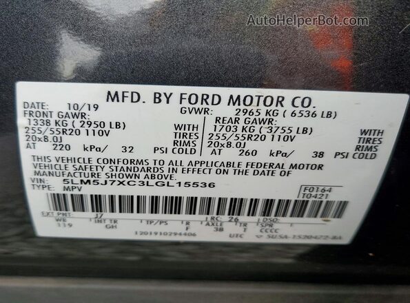 5LM5J7XC3LGL15536 2020 LINCOLN AVIATOR Gray VIN sticker view