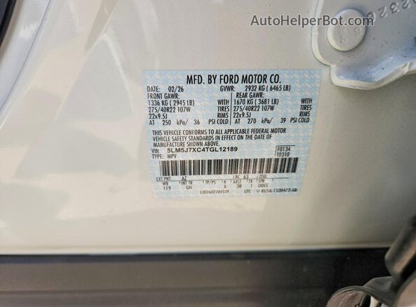 5LM5J7XC4TGL12189 2026 LINCOLN AVIATOR White Вид підкапотного простору