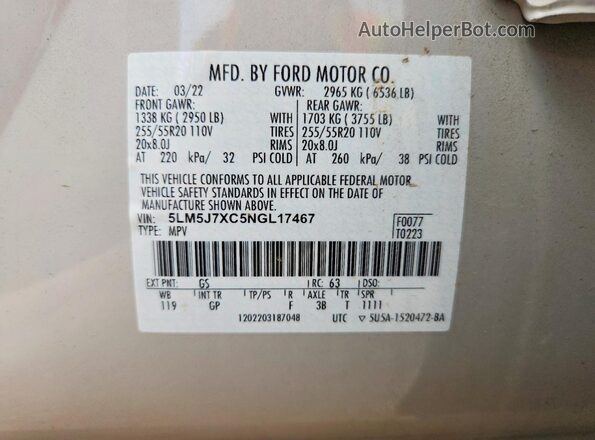 5LM5J7XC5NGL17467 2022 LINCOLN AVIATOR Silver Вид наклейки з VIN-кодом