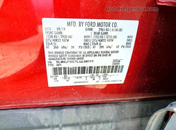 5LM5J7XC7LGL09111 2020 LINCOLN AVIATOR Red Вид підкапотного простору