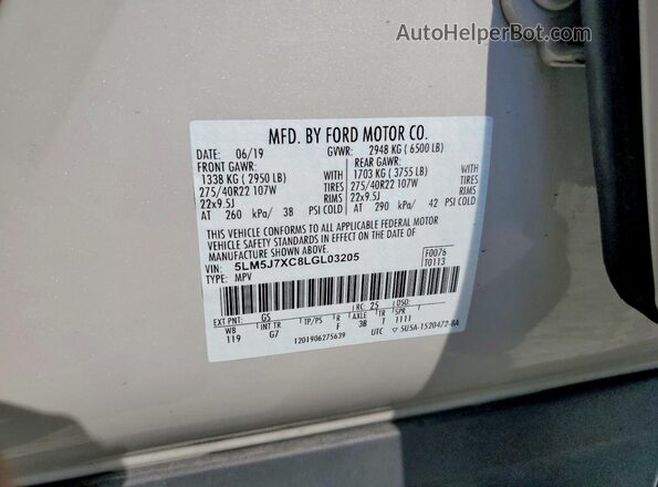 5LM5J7XC8LGL03205 2020 LINCOLN AVIATOR Beige Vista de la etiqueta del VIN