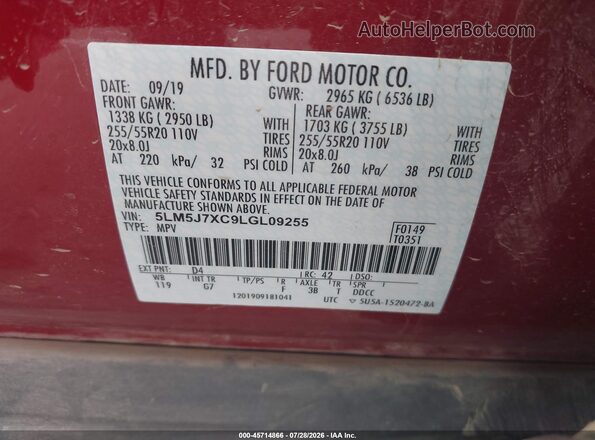 5LM5J7XC9LGL09255 2020 LINCOLN AVIATOR Red Vista del compartimento del motor