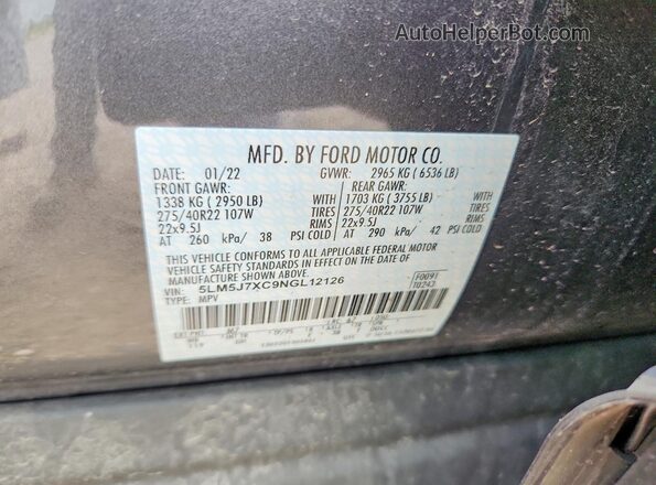 5LM5J7XC9NGL12126 2022 LINCOLN AVIATOR Charcoal Widok wnętrza 360 stopni