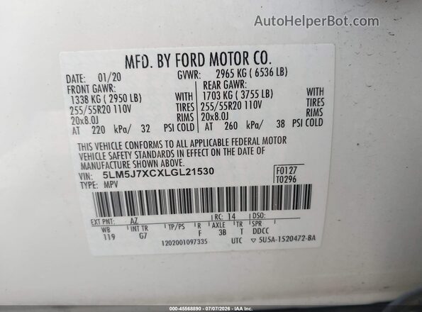5LM5J7XCXLGL21530 2020 LINCOLN AVIATOR White Engine compartment view