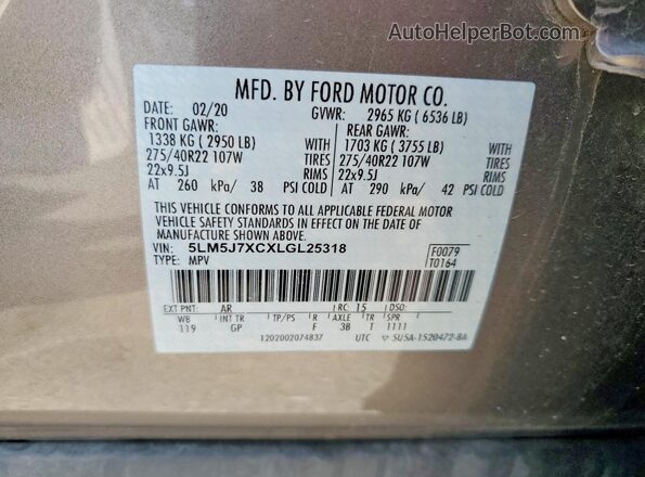 5LM5J7XCXLGL25318 2020 LINCOLN AVIATOR Tan Vista de la etiqueta del VIN