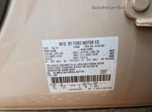 5LM5J7XCXSGL02779 2025 LINCOLN AVIATOR White Vista de la etiqueta del VIN