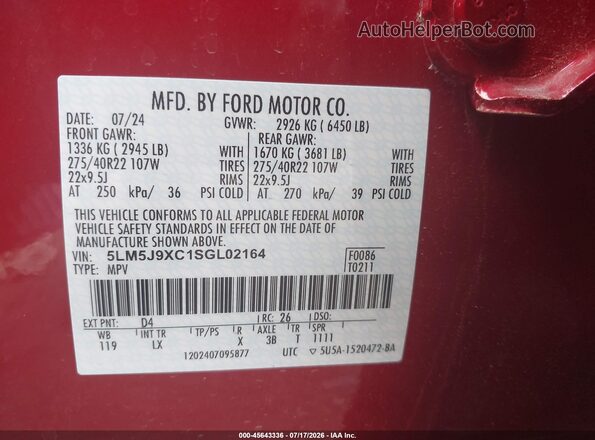 5LM5J9XC1SGL02164 2025 LINCOLN AVIATOR Красный Вид подкапотного пространства