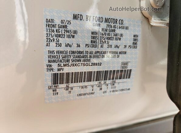 5LM5J9XC7SGL28932 2025 LINCOLN AVIATOR Белый Панорамный вид салона 360°