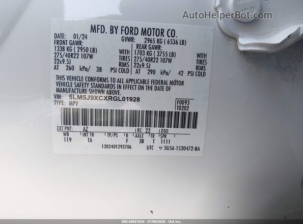 5LM5J9XCXRGL01928 2024 LINCOLN AVIATOR White Widok komory silnika