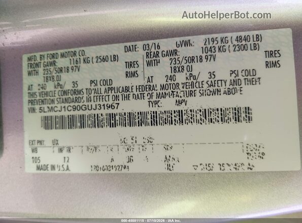 5LMCJ1C90GUJ31967 2016 LINCOLN MKC Silver Vista del compartimento del motor