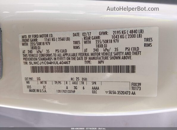5LMCJ1C94HUL40467 2017 LINCOLN MKC White Engine compartment view