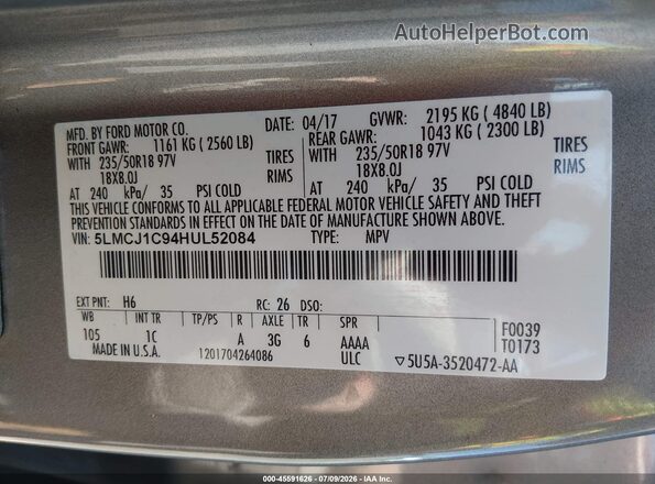 5LMCJ1C94HUL52084 2017 LINCOLN MKC Beige Вид підкапотного простору