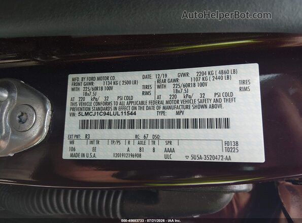 5LMCJ1C94LUL11544 2020 LINCOLN CORSAIR Maroon Vista del compartimento del motor