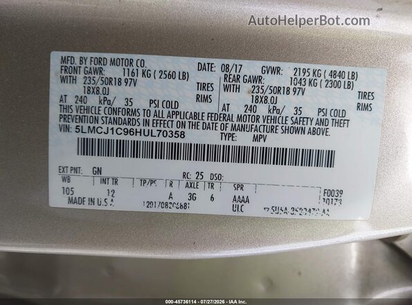 5LMCJ1C96HUL70358 2017 LINCOLN MKC Beige Vista del compartimento del motor