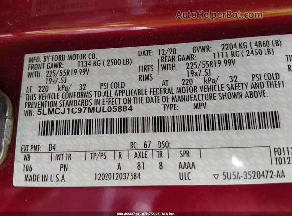 5LMCJ1C97MUL05884 2021 LINCOLN CORSAIR Red Շարժիչի բաժամունքի տեսք