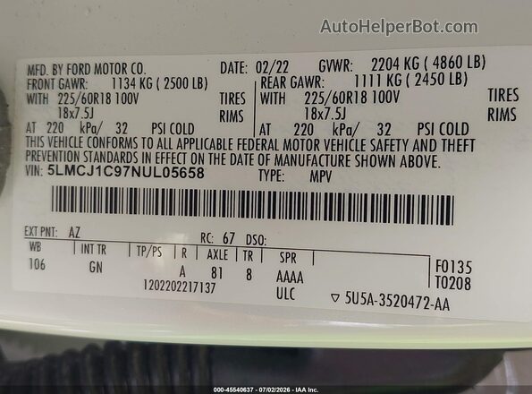 5LMCJ1C97NUL05658 2022 LINCOLN CORSAIR White Widok komory silnika