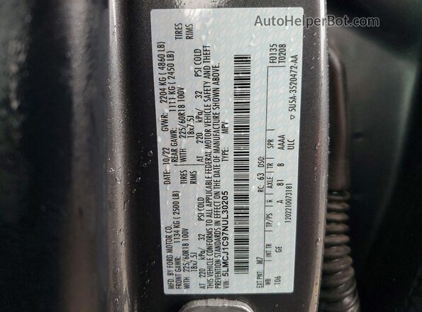 5LMCJ1C97NUL30205 2022 LINCOLN CORSAIR Gray Vista de la etiqueta del VIN