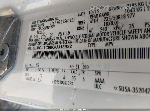 5LMCJ1C98GUJ15922 2016 LINCOLN MKC White Engine compartment view